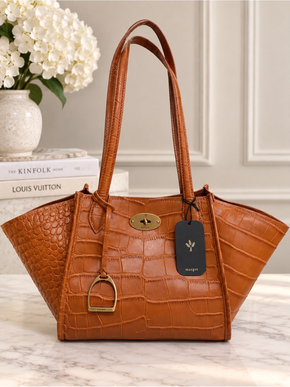 Margot Phoebe Cognac Croc-Embossed Leather Tote with Gold Hardware